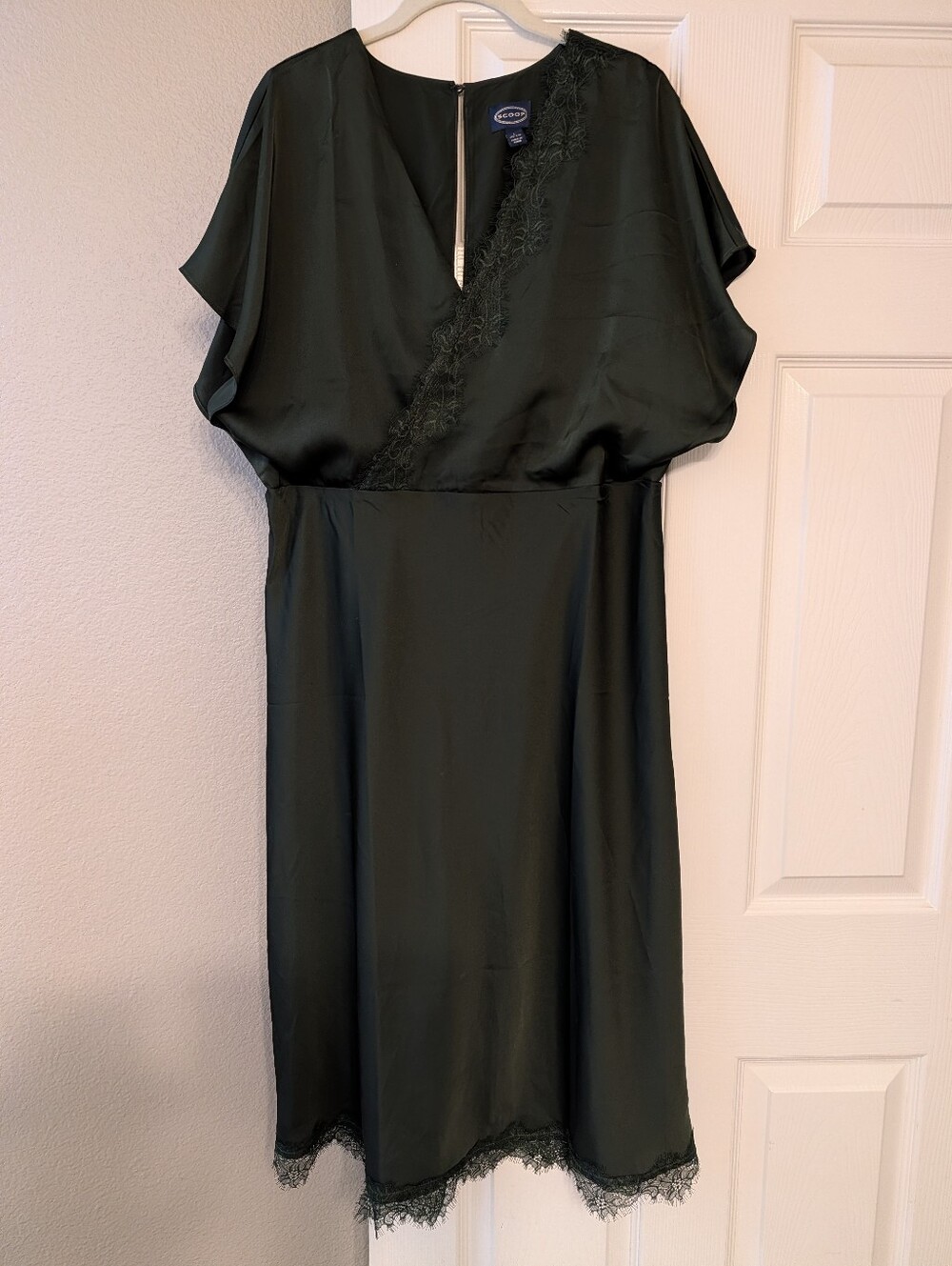 Scoop Emerald Green Satin Lace Trim Faux Wrap Midi Dress Size Large 12-14